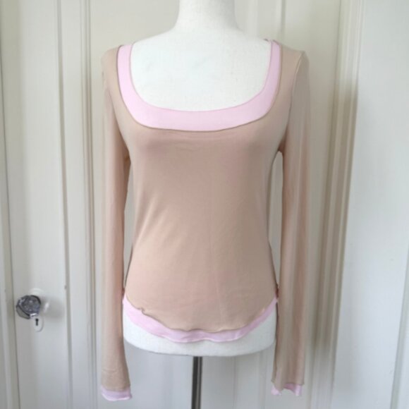 INTIMATELY BY FREE PEOPLE Beige & Pink Double Take Long-Sleeve Nylon Top Size M - Picture 2 of 13